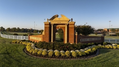 Murray State arch with mums